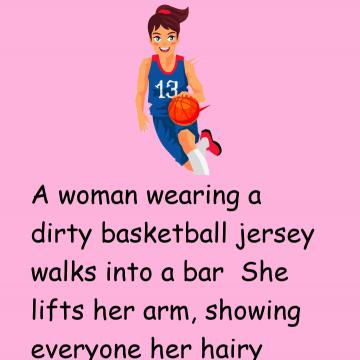 A Woman Wearing A Basketball Jersey Enters The Bar.